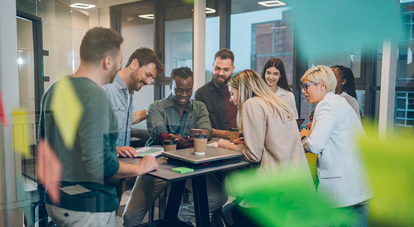 A diverse team collaborating in a modern office
