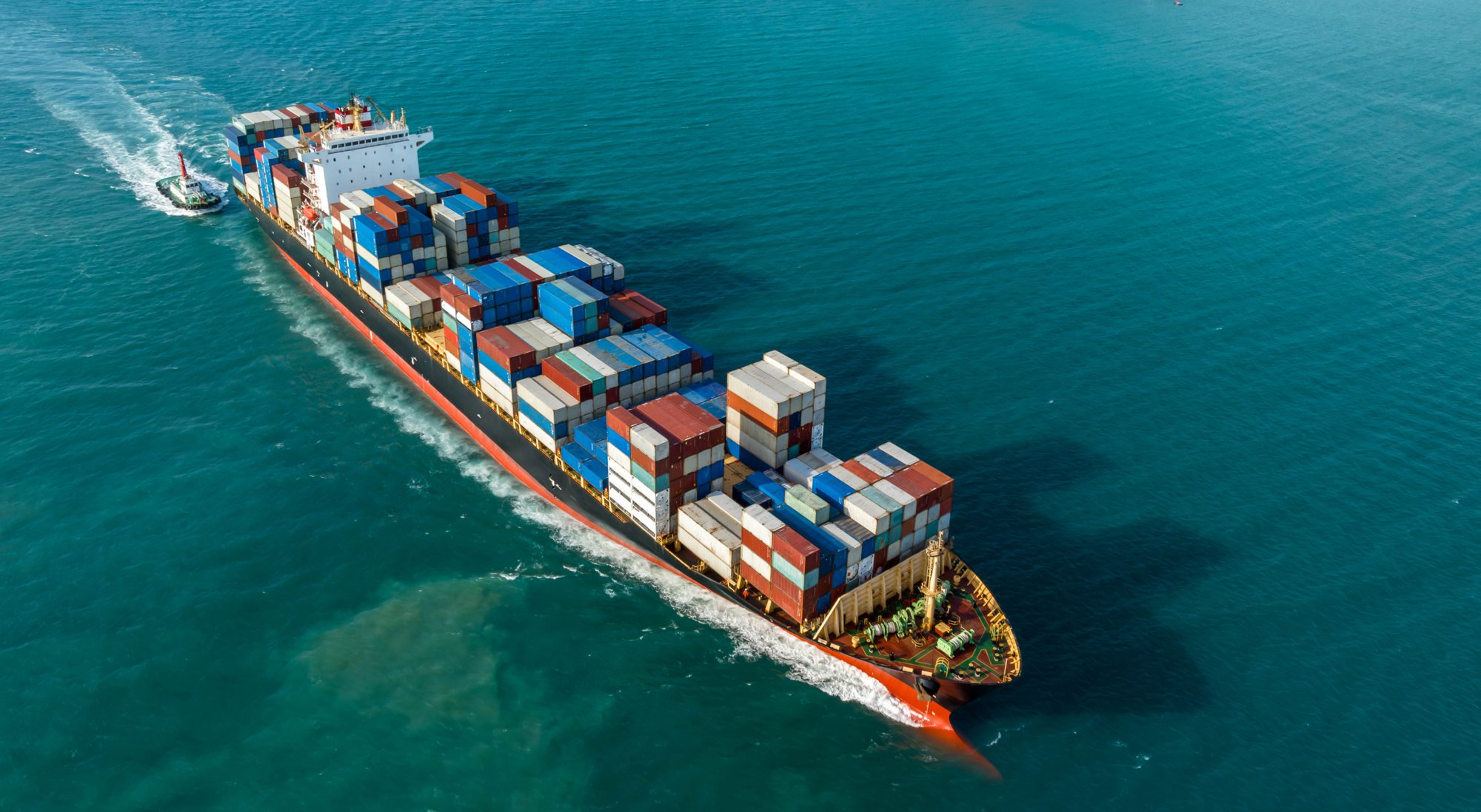 Aerial view of a container ship at sea