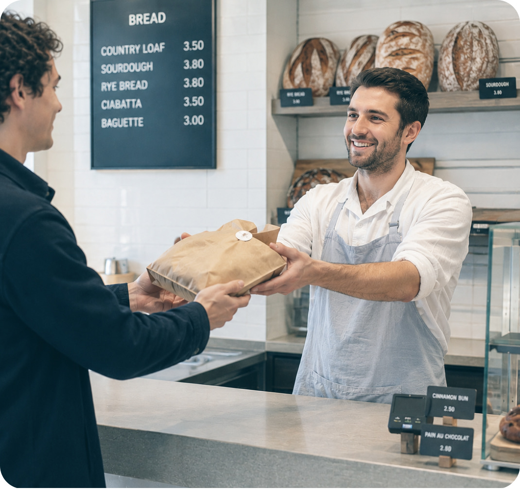 Baker handing a paper bag to a customer
