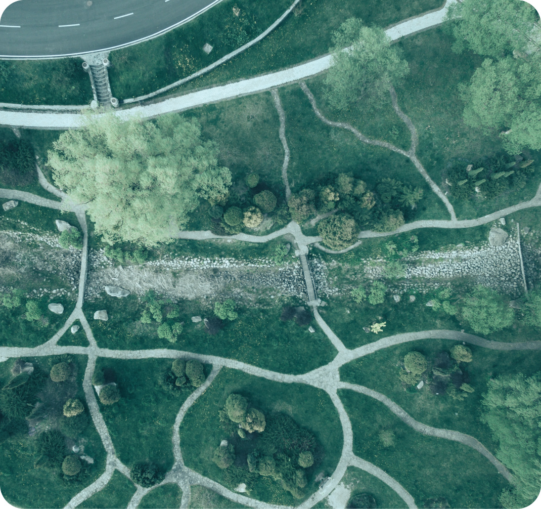 Aerial view of a green park with winding paths